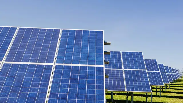 Grands panneaux solaires inclinés dans un champ